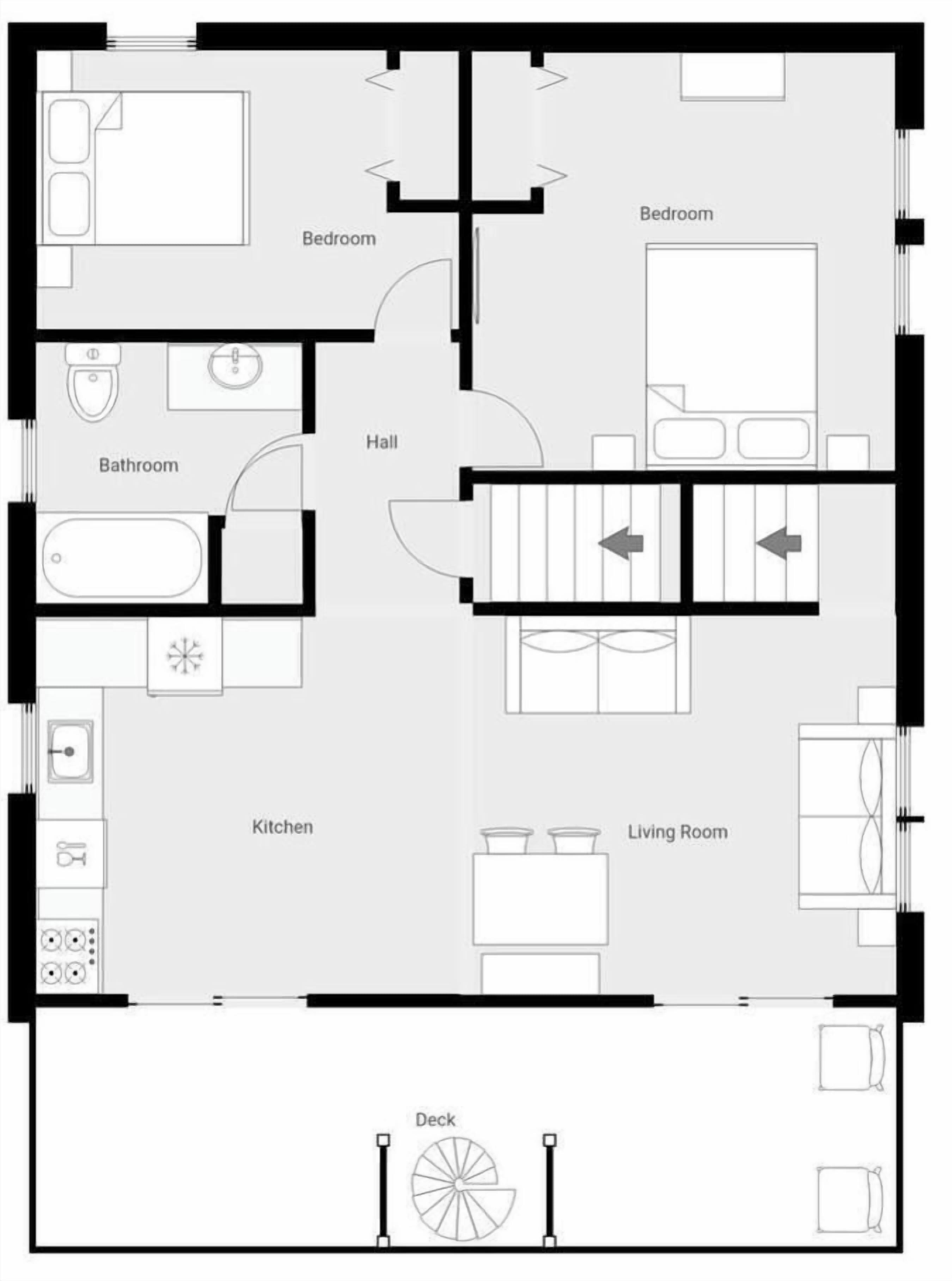 Plànol d'una cuina, dues habitacions, un bany, un saló i un rebedor.