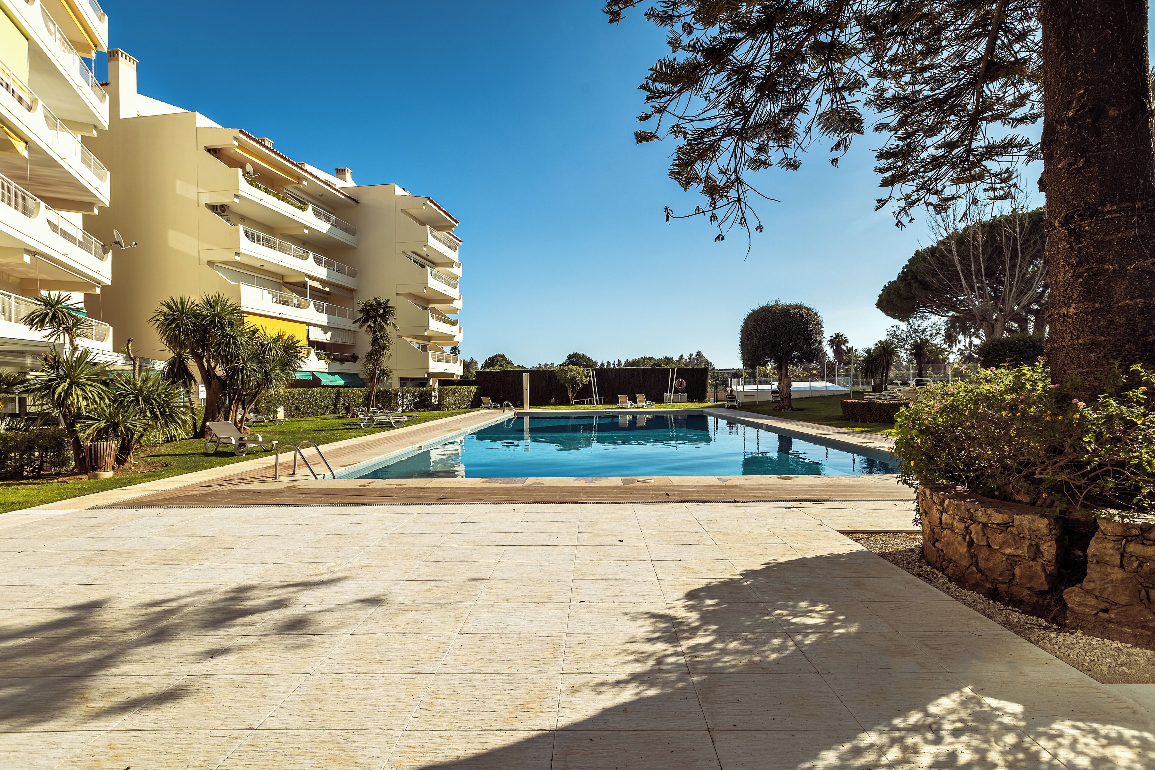 A swimming pool area with a clear sky, a multi-story building, and surrounding greenery.