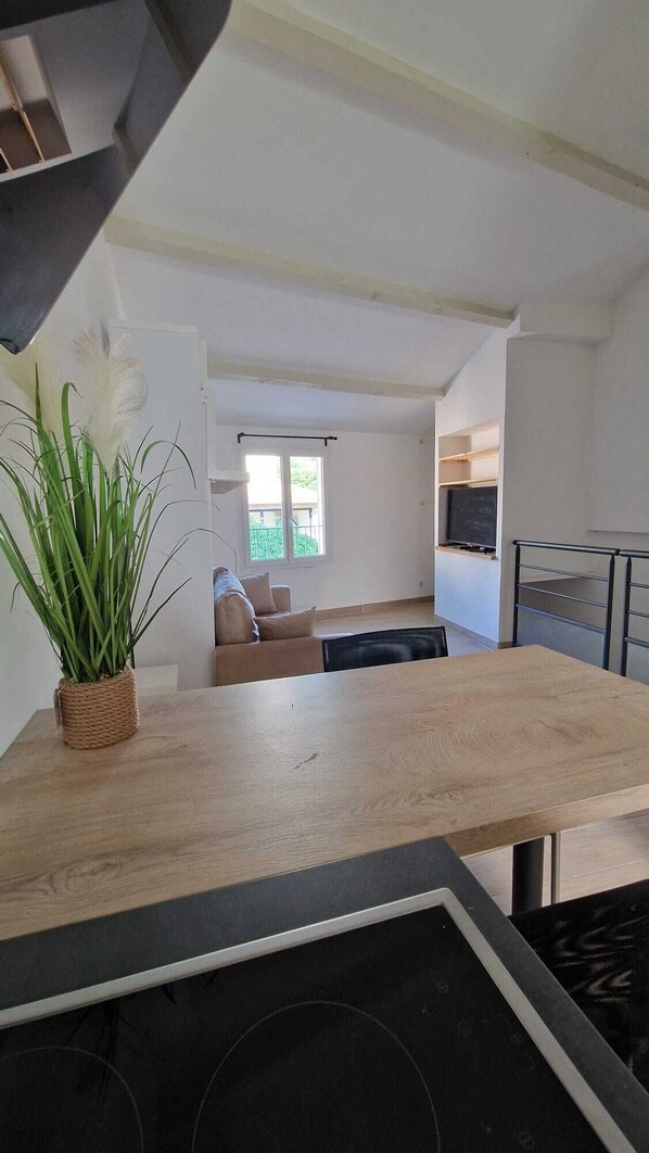 Une cuisine moderne avec un plan de travail en bois, une plante en pot et une vue sur un espace de vie comprenant un canapé et une fenêtre.