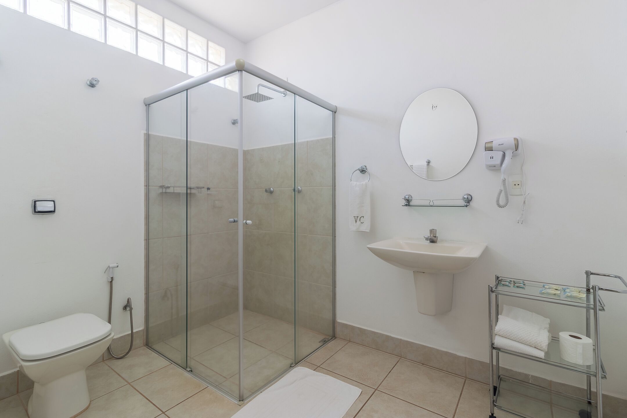 A modern bathroom with a glass-enclosed shower, a toilet, a sink, and a vanity with a mirror and hairdryer.