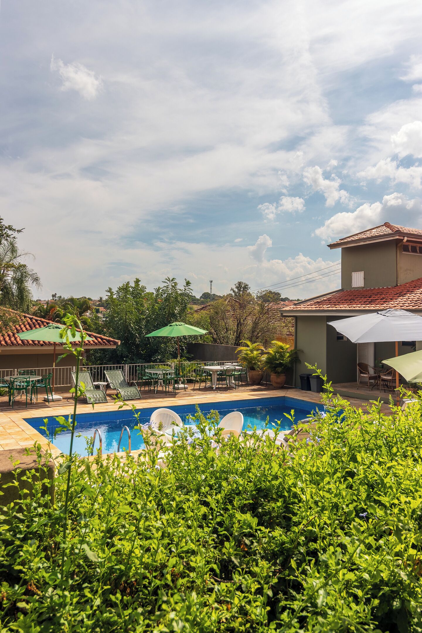 A swimming pool with lounge chairs and umbrellas, surrounded by greenery and a building with a tiled roof.