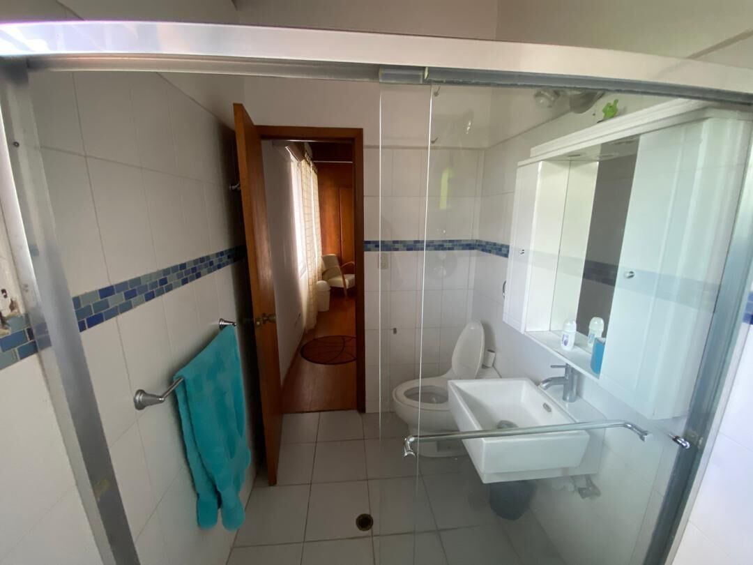 A bathroom with a glass shower enclosure, a toilet, a sink, and a mirror.