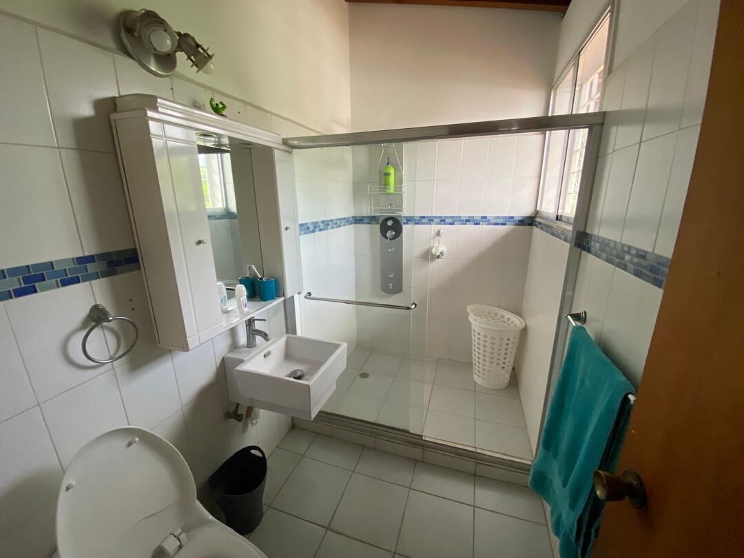 A bathroom with a toilet, sink, shower, and a mirror.
