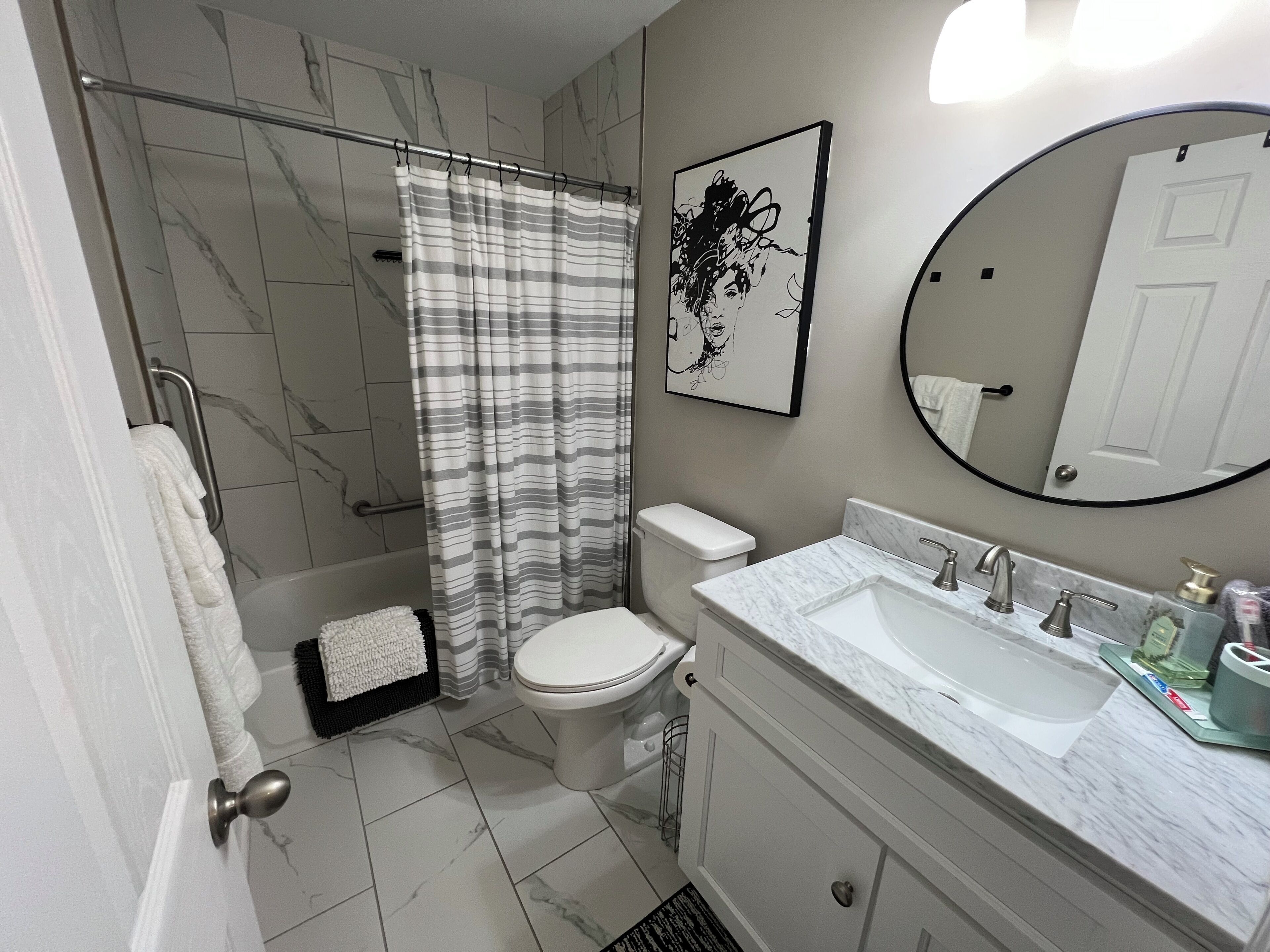 Hair dryer, towels, soap, toilet paper