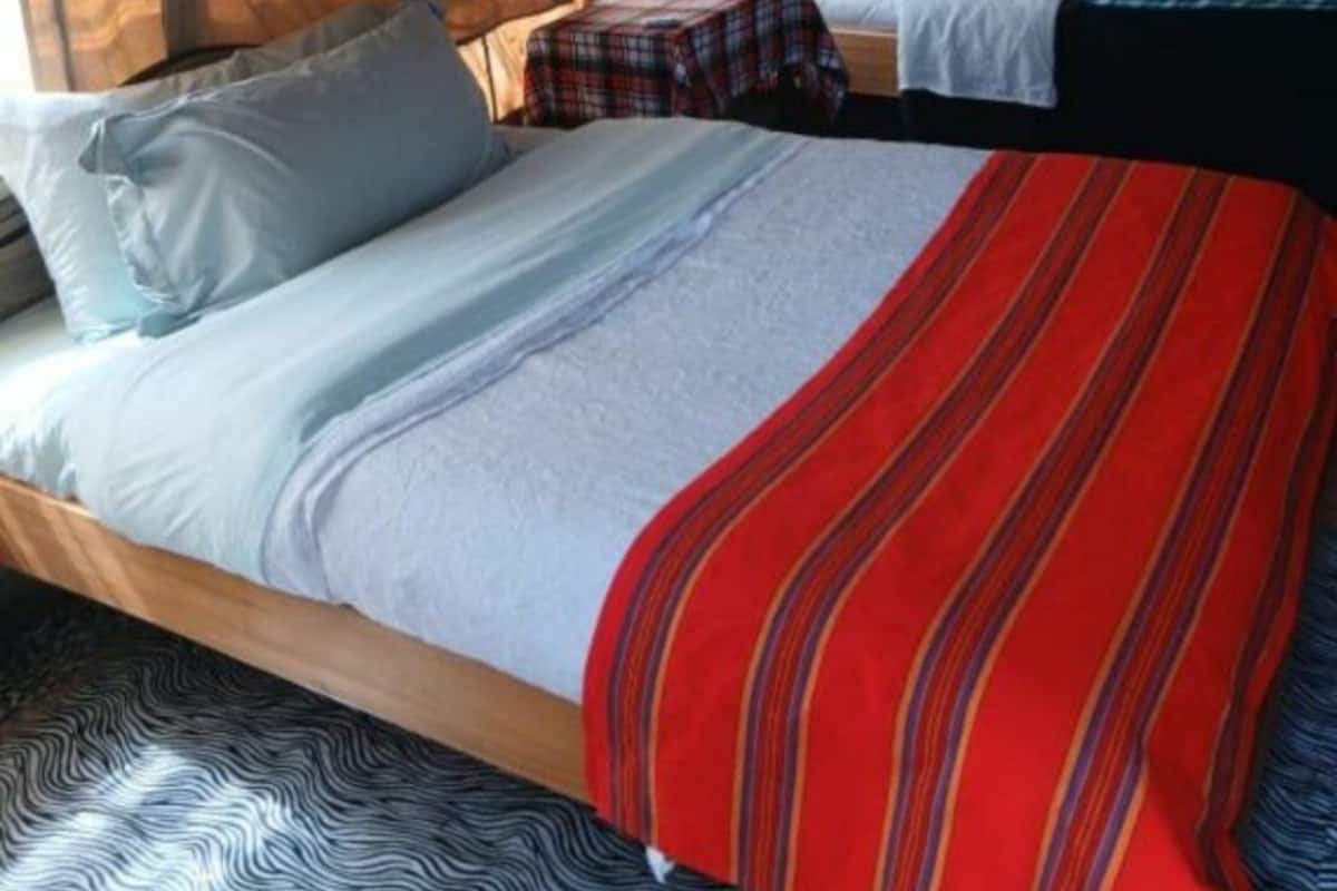 A room with a bed, another bed with a table, and a mosquito net.