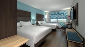 Ett hotellrum med två sängar, ett skrivbord, en stol, en TV och ett fönster med utsikt.