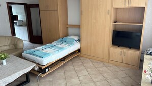 Une pièce de taille modeste comprenant un lit, un téléviseur, un canapé et des meubles en bois.