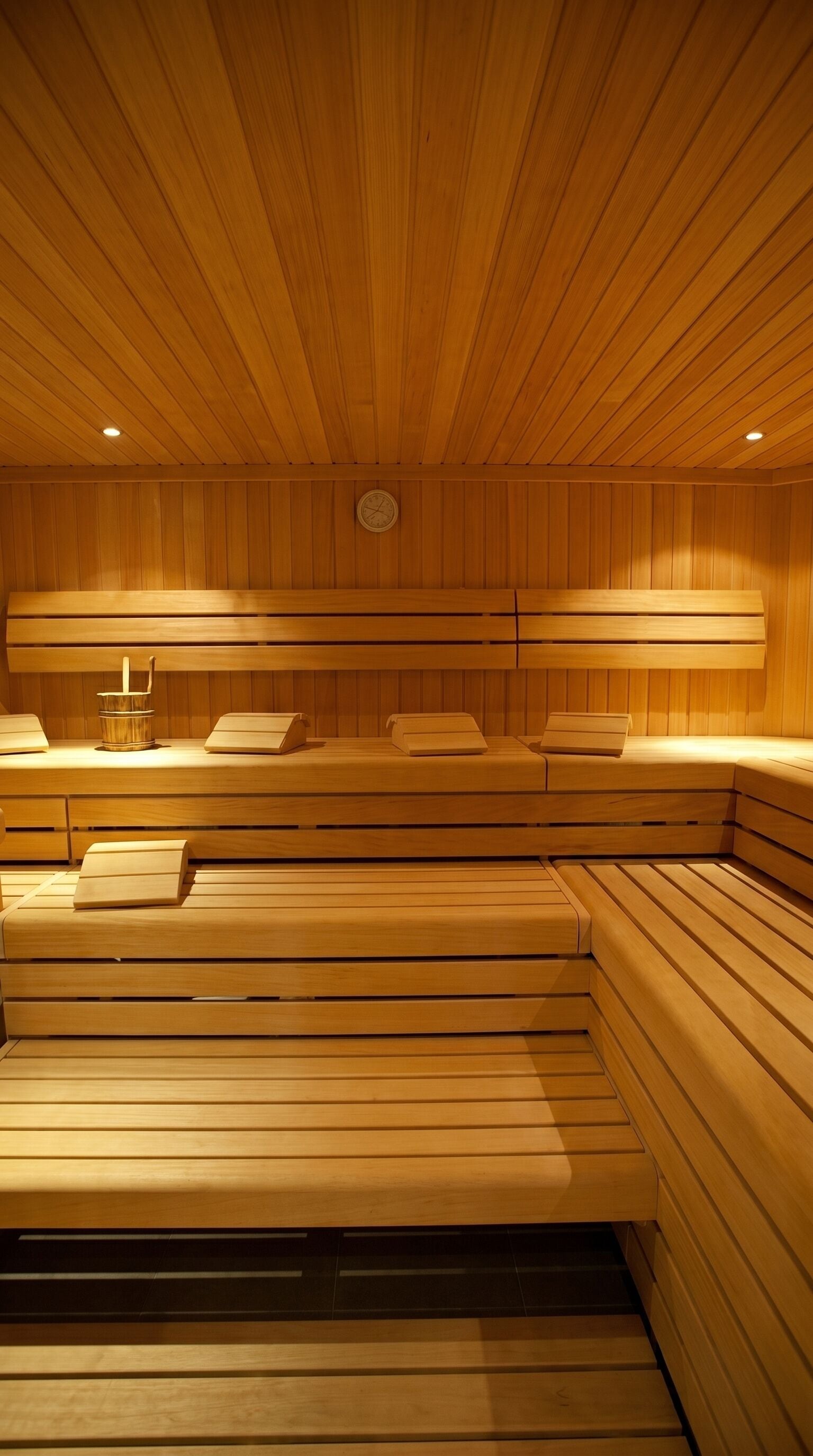 Un sauna avec des bancs en bois et un appareil de chauffage central.