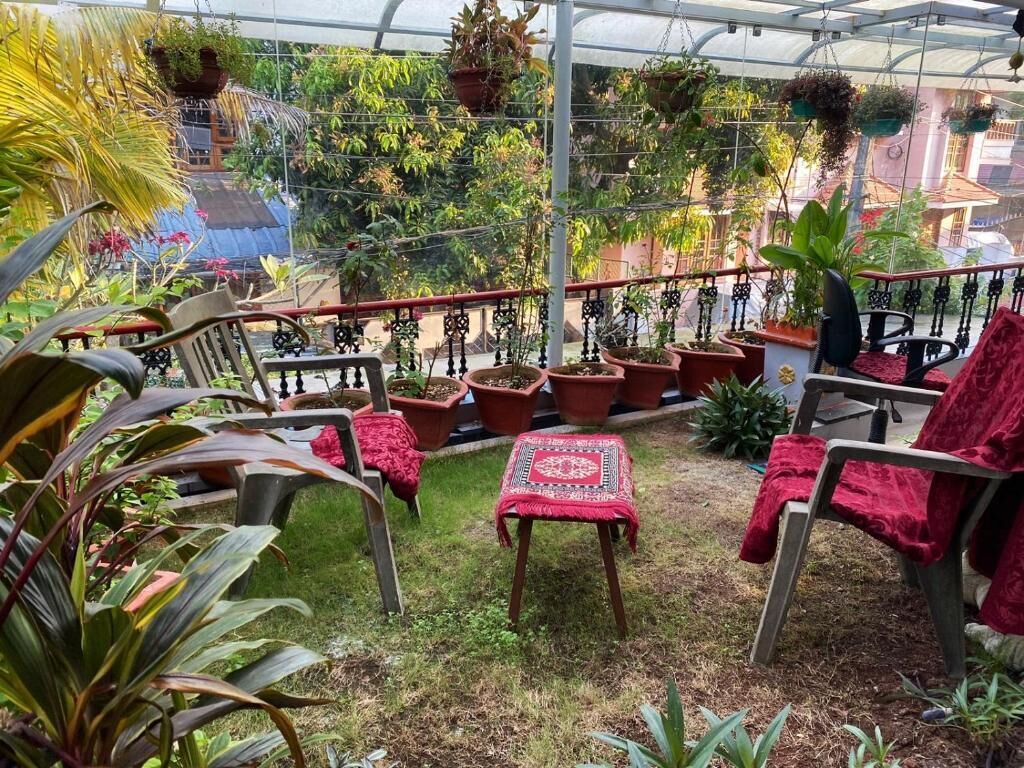 Un invernadero con plantas en macetas, una mesa pequeña y sillas.