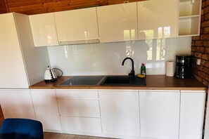 A compact kitchen with a sink, a kettle, and a coffee maker. - Air-conditioned holiday homes with swimming pool (Mielno)