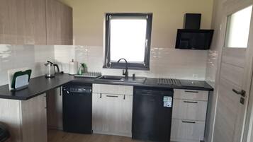 Coffee/tea maker, fridge, stovetop, dishwasher