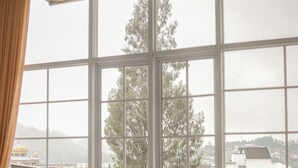 Ein Schlafzimmer mit großem Fenster, einem Bett und Blick auf eine grüne Landschaft sowie Gebäude.