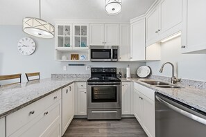 Fridge, microwave, oven, stovetop - Remodeled  1-bedroom Oceanfront condo with community pool in North Topsail Beach (North Topsail Beach)