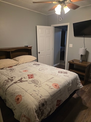 A bedroom with a bed, a ceiling fan, a door, a TV, and a lamp.