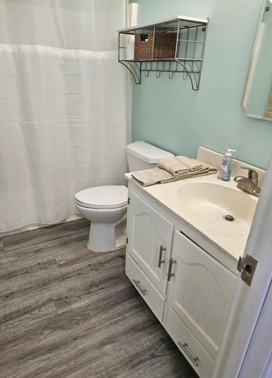 Ein Badezimmer mit Toilette, Waschbecken und Duschvorhang.