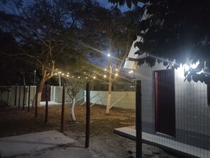 Un espace extĂ©rieur clos, agrĂ©mentĂ© dâarbres, et un bĂątiment dont la façade est recouverte de carreaux.