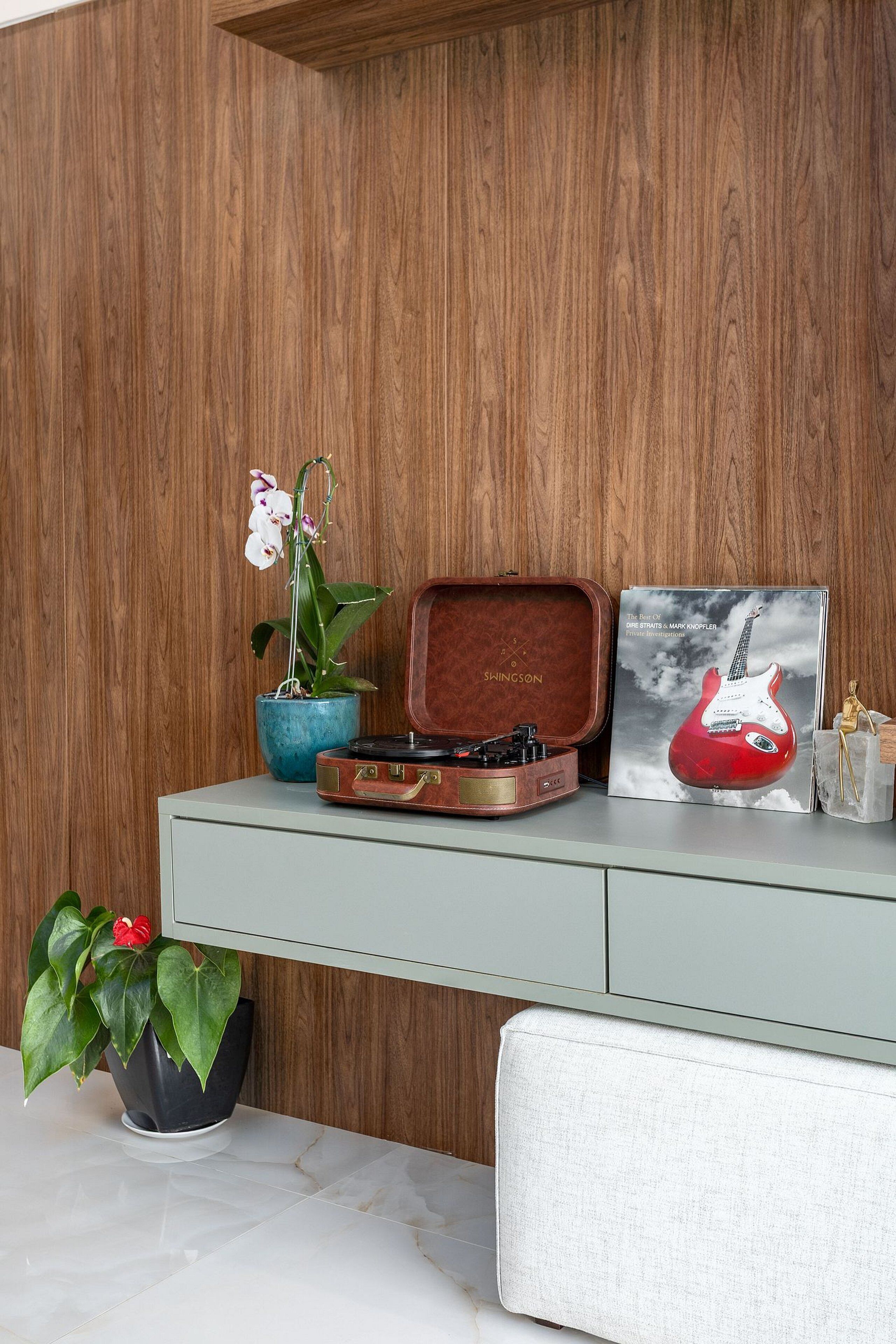 A wooden wall, a desk with a guitar case, a guitar poster, and two potted plants.