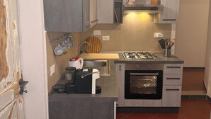 A compact kitchen with a gas stove, oven, and a coffee maker. - House in Progress (Colle di Val d'Elsa)