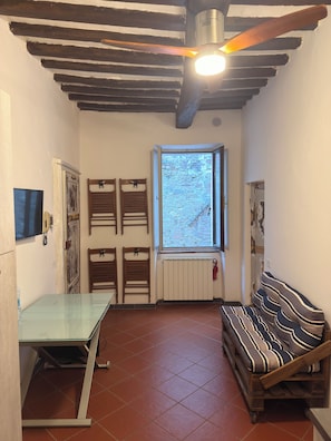 Ein Zimmer mit Deckenventilator, Fenster mit Blick, Heizkörper und einer Couch.