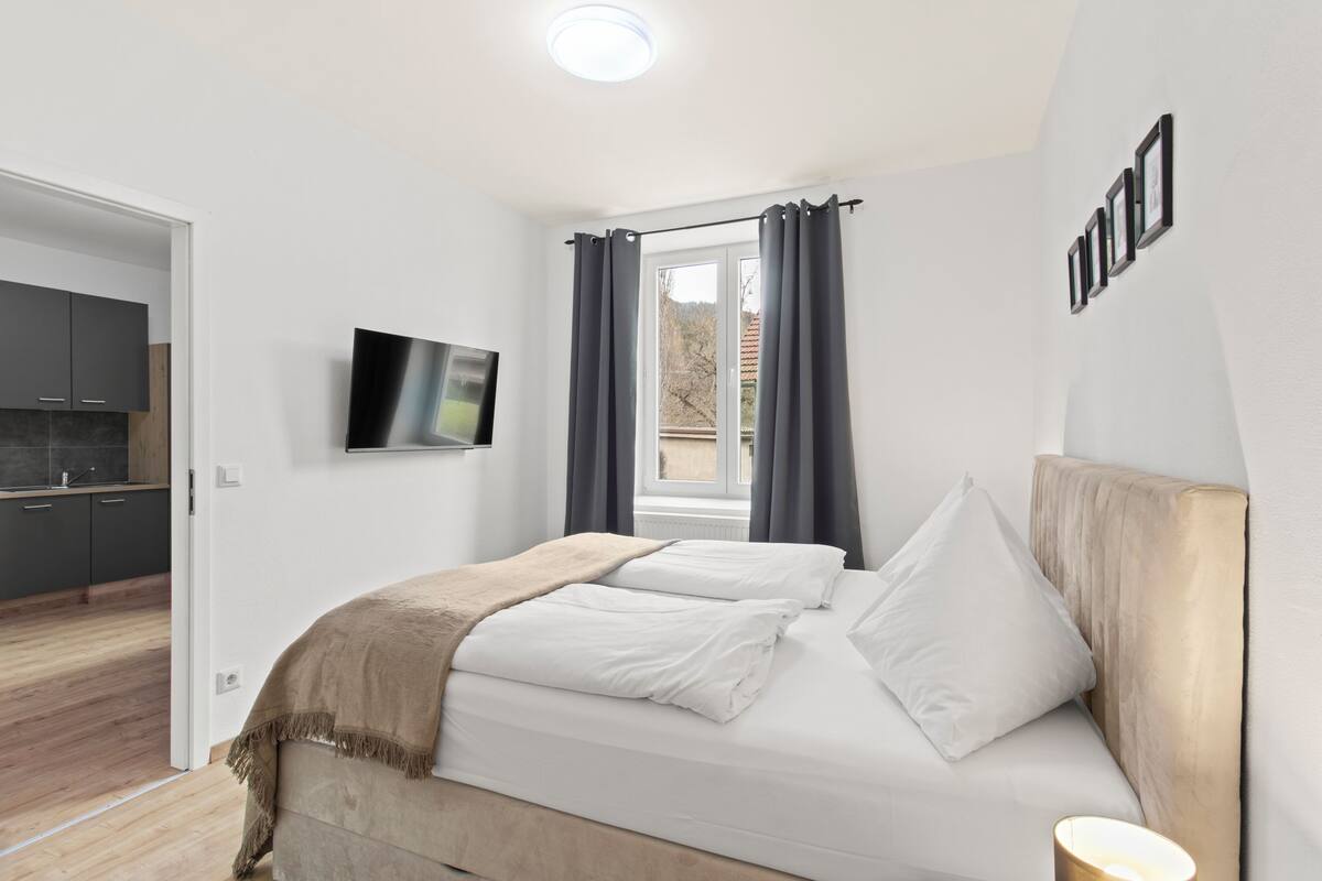 A bedroom with a bed, a TV, a window with curtains, and a view of the outside.
