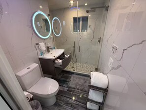 Shower, hair dryer, towels, soap