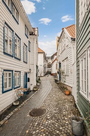 En smal brostensgade kantet af hvide bygninger med blåmalede vinduesrammer og en brønddæksel.