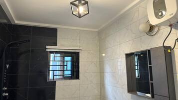 Shower, towels, toilet paper
