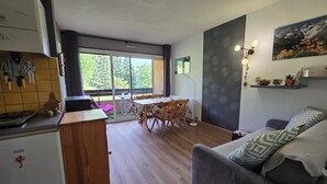 A compact living space with a kitchenette, dining area, and a sofa. - South-facing mountain apartment: summer/winter ideal for biking, climbing, hiking and skiing (Briançon)