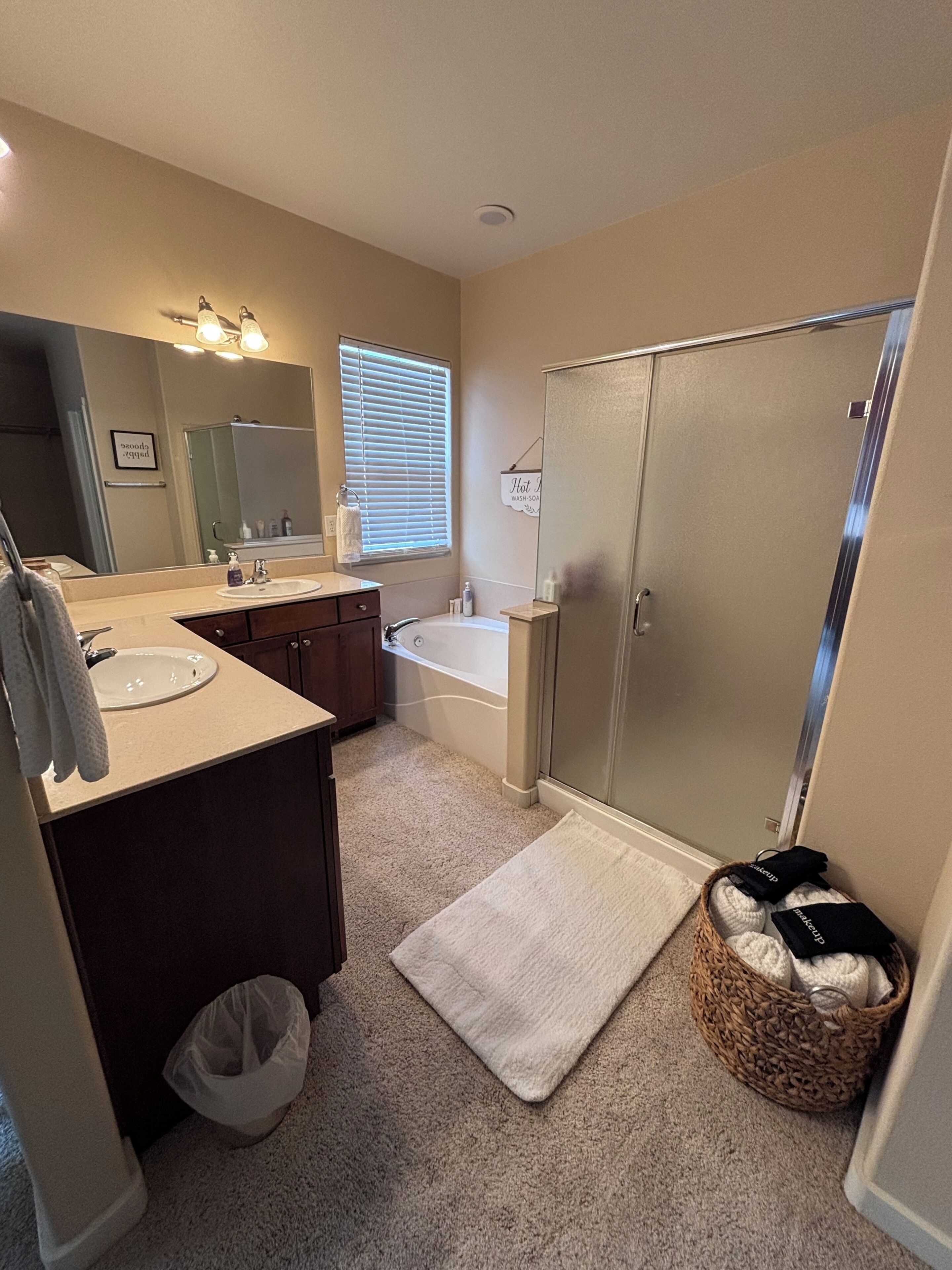 Hair dryer, towels, soap, toilet paper