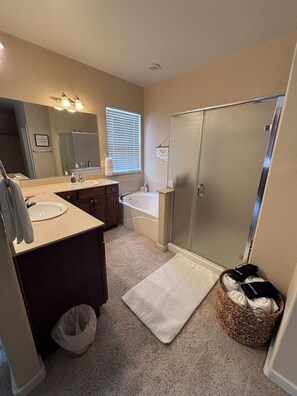Hair dryer, towels, soap, toilet paper