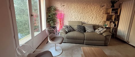 Un salon avec un mur en pierre, un canapé agrémenté de coussins à motifs, un fauteuil transparent et une bibliothèque.