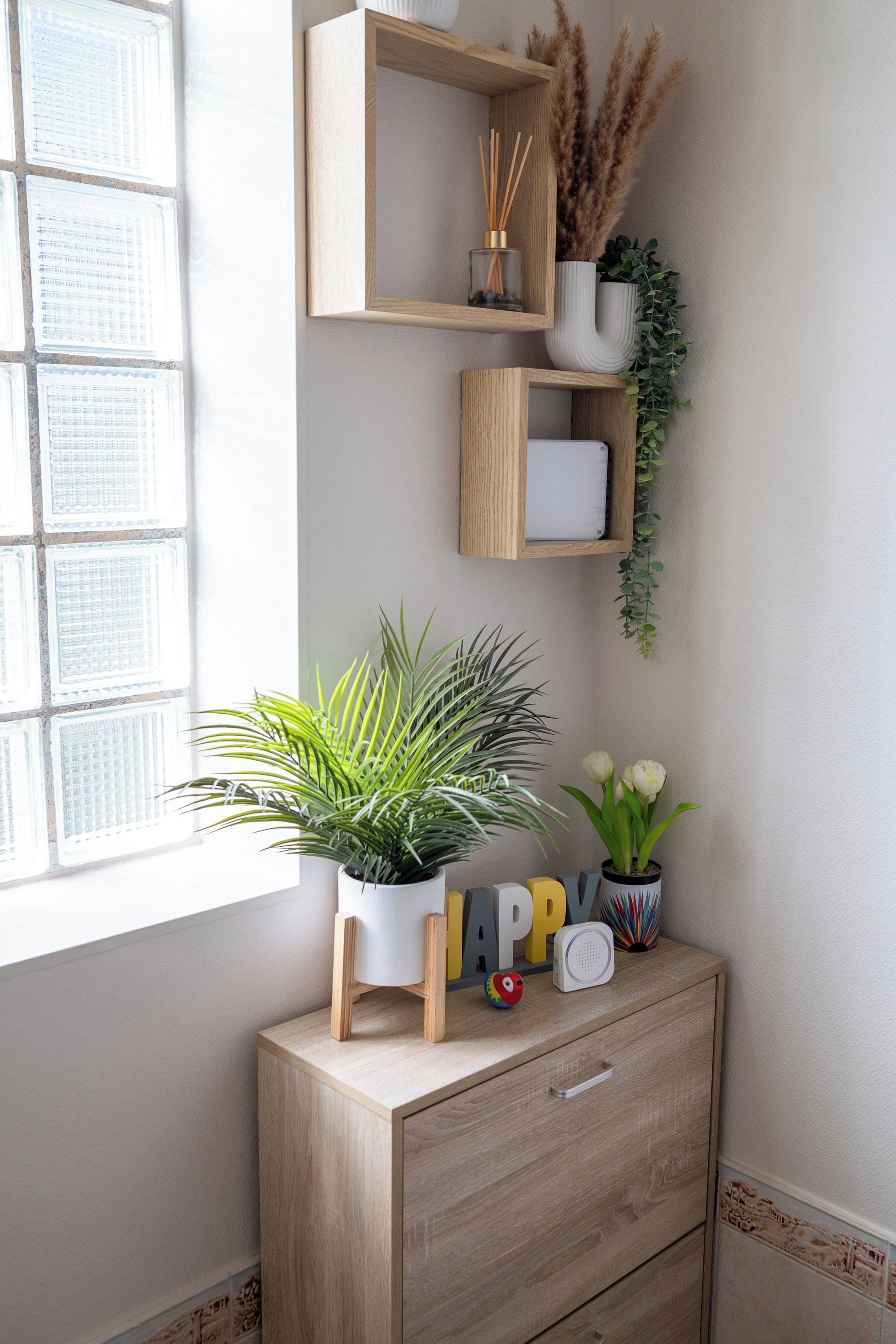 A wooden cabinet with a potted plant, a small toy, and decorative items.