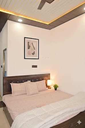 A bedroom with a bed, a nightstand with a lamp, a framed picture on the wall, and a ceiling light fixture. - Monishka Palace (Faizabad)