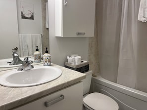 Ein Badezimmer mit Waschbecken, zwei Wasserhähnen, einem Spiegel, einer Toilette und einer Duschvorhang.