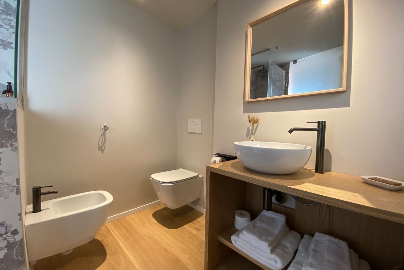 Shower, bidet, towels, toilet paper
