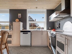 Eine moderne Küche mit Geschirrspüler, Backofen und Blick auf eine Wohngegend.