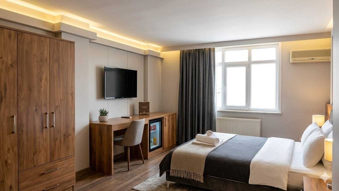 A hotel room with a bed, a desk with a computer, a TV, and a window with curtains.