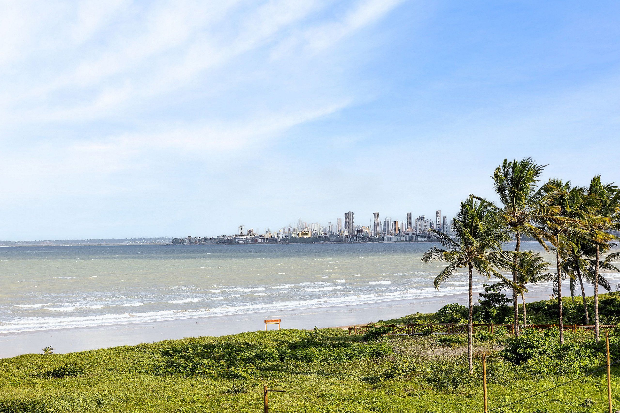 Un paysage urbain côtier avec une plage, des palmiers et, au loin, la silhouette d’une ville.