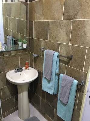 A bathroom with a pedestal sink, a mirror, a towel rack with towels, and a small potted plant. - Estudio Independiente,céntrico Apt3-a (Santo Domingo Este)