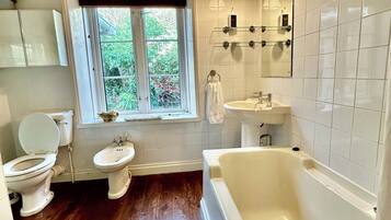 Hair dryer, towels, soap