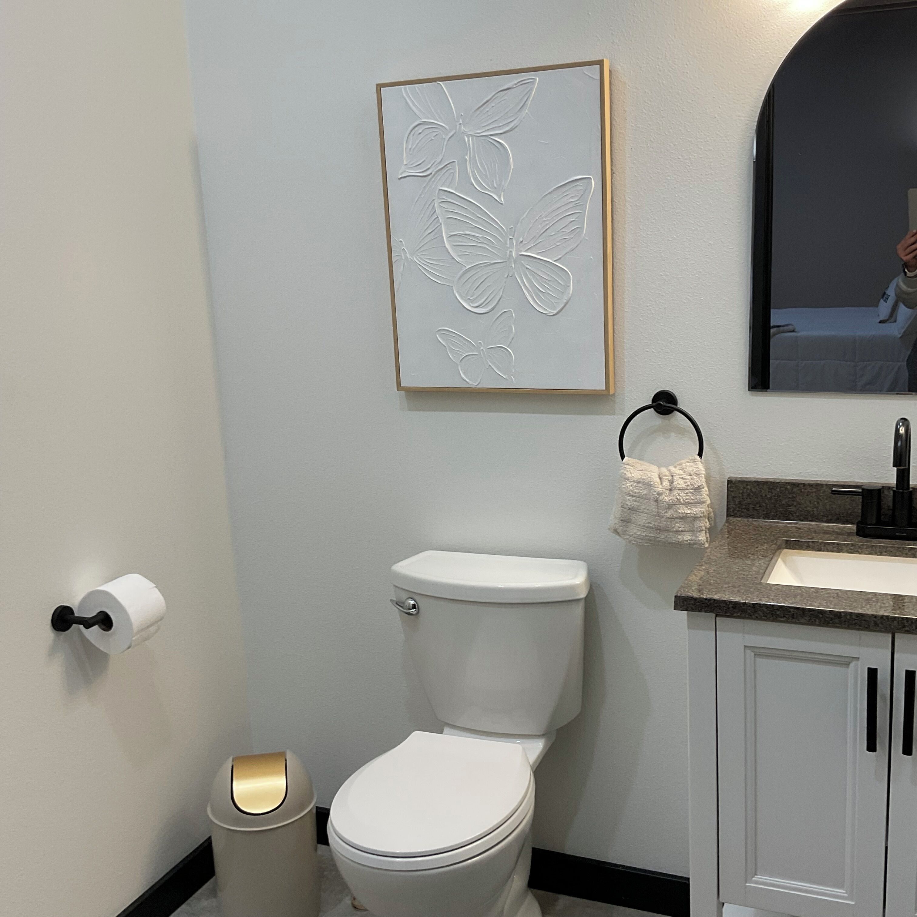 A bathroom with a toilet, a trash can, a sink, and a framed artwork on the wall.
