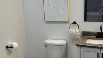 A bathroom with a toilet, a trash can, a sink, and a framed artwork on the wall.
