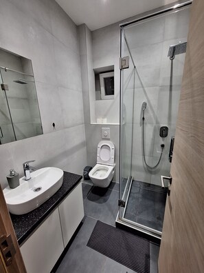 Ein modernes Badezimmer mit einer Duschkabine, einem weißen Waschbecken und einer Toilette.