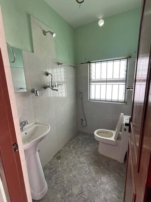 Familie huis, uitzicht op stad | Badkamer | Een douche, een haardroger, handdoeken, zeep
