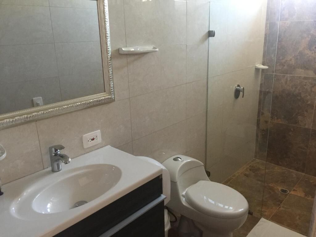 A bathroom with a sink, toilet, and mirror.