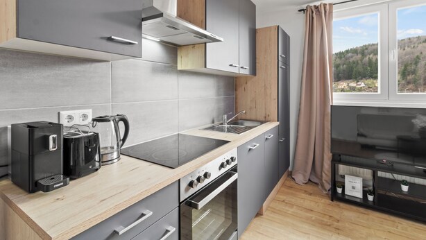 A modern kitchen with grey cabinets, a wooden countertop, a built-in oven, a coffee maker, and a window with a view of the outdoors. - FarawayHomes Studios Leoben P74 (Donawitz)
