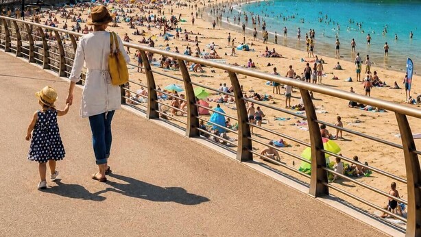 Eine Strandansicht mit einem Gehweg und Personen.