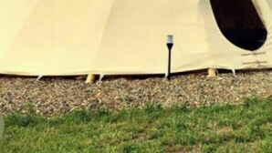 Uma tenda tipi grande e cónica com uma escada ao lado, situada numa área relvada.
