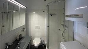 A modern bathroom with a glass shower enclosure, a toilet, and a sink with a mirror. - FarawayHomes Studio Bruck 17 (Bruck an der Mur)