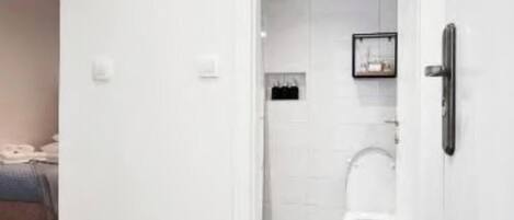 A bathroom with a toilet, a shower area, and a door with a handle.